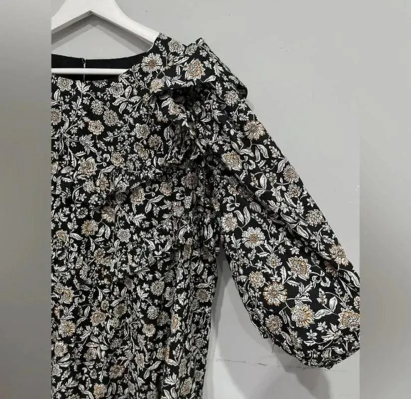 Rochie dreaptă Zara EU 36 | Negru, Mini, Mânecă trei sferturi, Floral & Tropical, Bumbac - Image 7