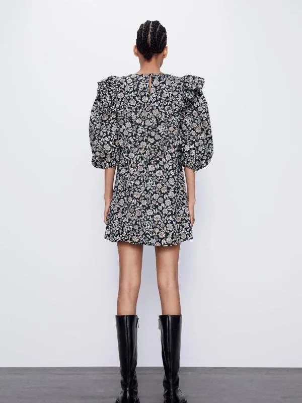 Rochie dreaptă Zara EU 36 | Negru, Mini, Mânecă trei sferturi, Floral & Tropical, Bumbac - Image 4