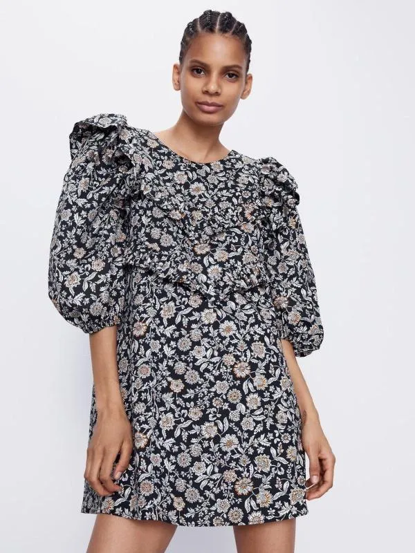 Rochie dreaptă Zara EU 36 | Negru, Mini, Mânecă trei sferturi, Floral & Tropical, Bumbac - Image 5