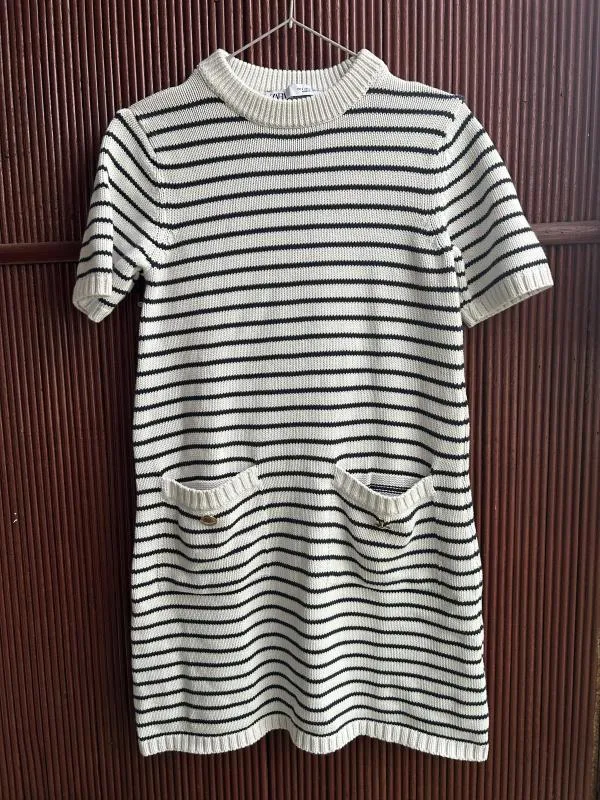 Rochie tricotată Zara EU 36 | Alb, Mini, Mânecă scurtă, Dungi, Bumbac - Image 2