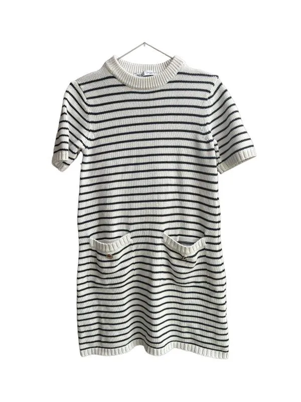 Rochie tricotată Zara EU 36 | Alb, Mini, Mânecă scurtă, Dungi, Bumbac