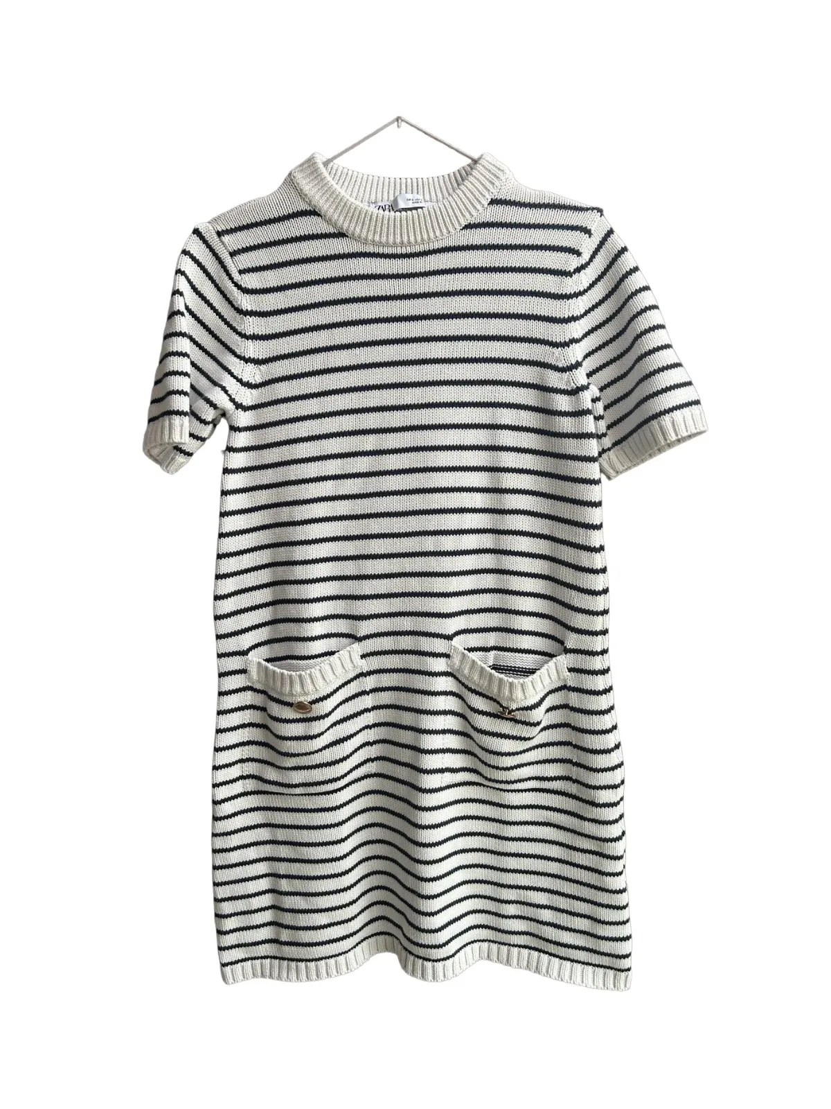 Rochie tricotată Zara EU 36 | Alb, Mini, Mânecă scurtă, Dungi, Bumbac