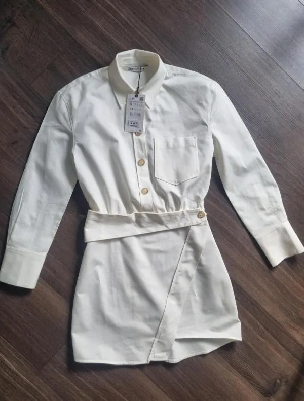 Rochie tip cămașă Zara S | Bej, Mini, Mânecă lungă - Image 8