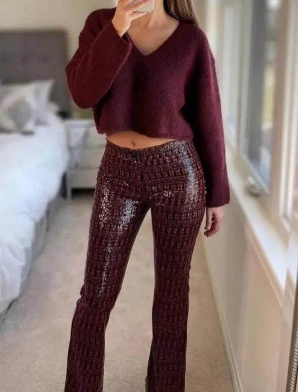 Pantaloni Zara S | Burgundy, Lungi, Flared (Evazați) fit - Image 4
