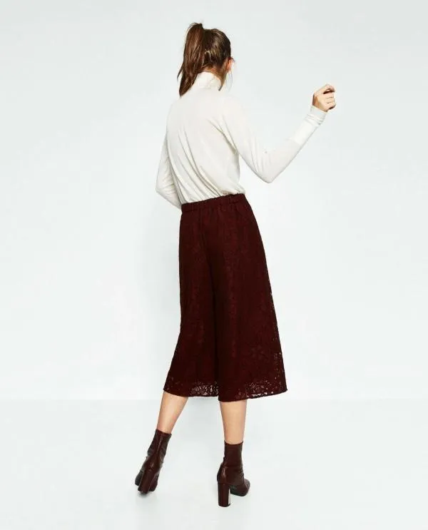 Pantaloni Zara S | Burgundy, Trei sferturi, Wide Leg fit, Floral & Tropical, Dantelă - Image 4