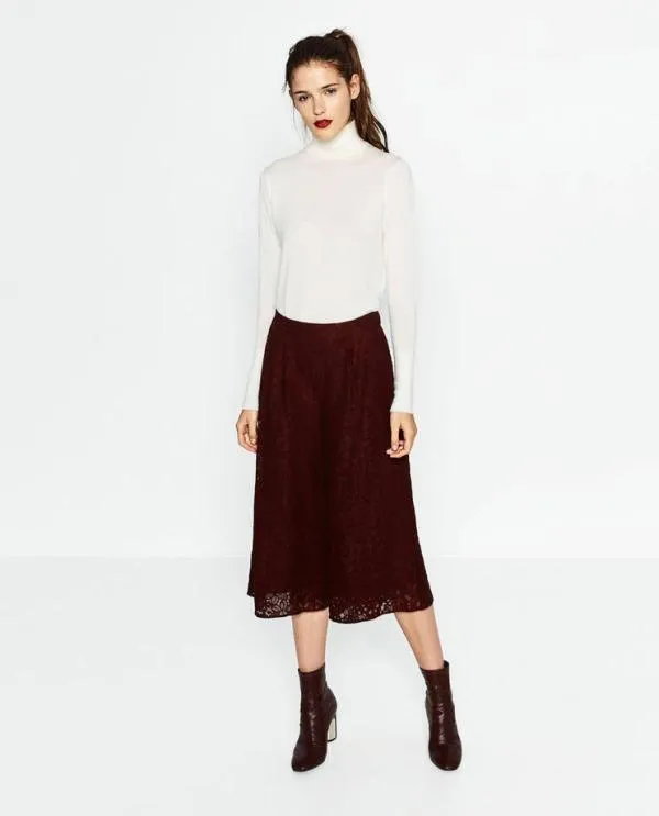 Pantaloni Zara S | Burgundy, Trei sferturi, Wide Leg fit, Floral & Tropical, Dantelă - Image 5