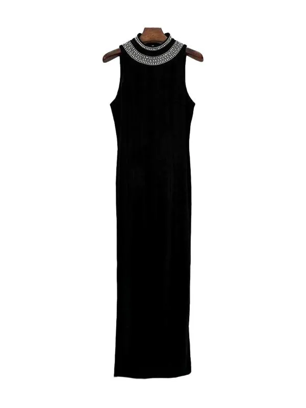 Rochie de seară M | Negru, Maxi, Fără mâneci, Pietre decorative