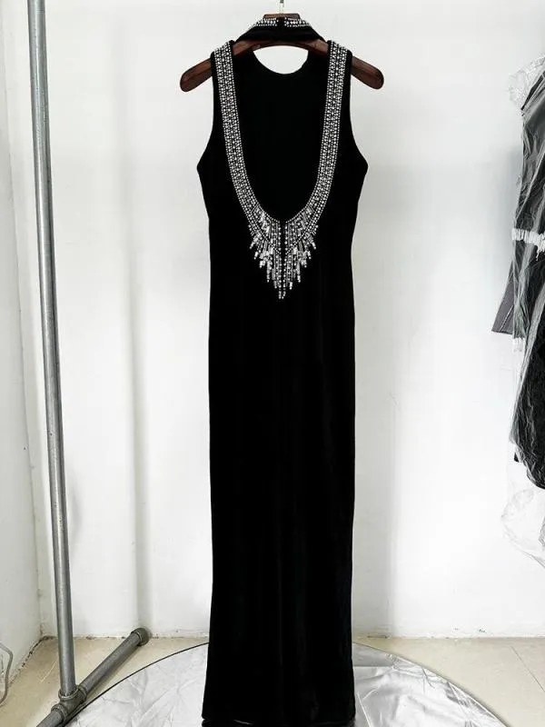 Rochie de seară M | Negru, Maxi, Fără mâneci, Pietre decorative - Image 3
