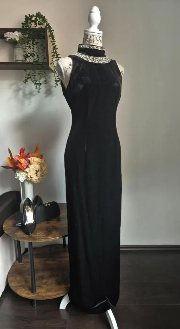 Rochie de seară M | Negru, Maxi, Fără mâneci, Pietre decorative - Image 4