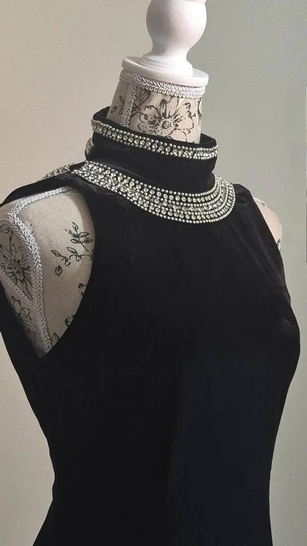 Rochie de seară M | Negru, Maxi, Fără mâneci, Pietre decorative - Image 5