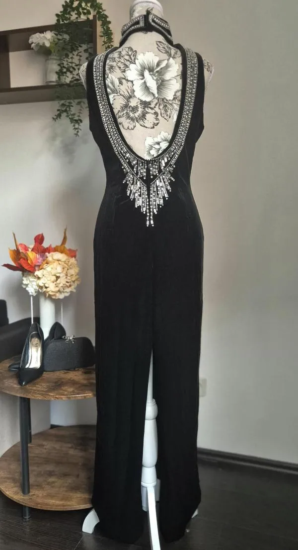 Rochie de seară M | Negru, Maxi, Fără mâneci, Pietre decorative - Image 6