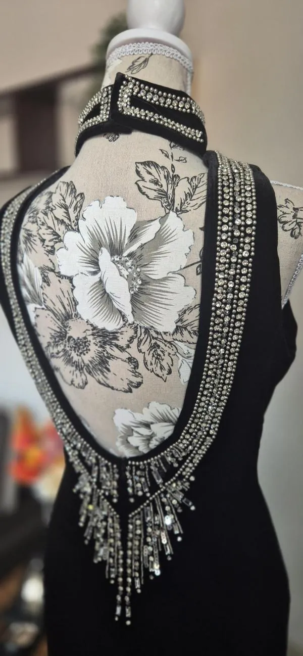 Rochie de seară M | Negru, Maxi, Fără mâneci, Pietre decorative - Image 7