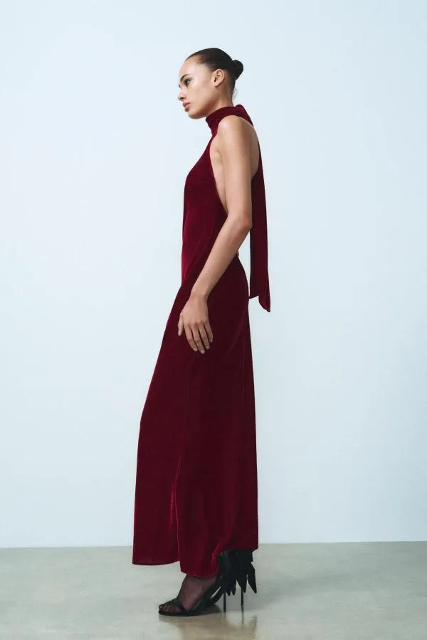 Rochie de seară Zara L | Burgundy, Maxi, Bretele după gât - Image 2