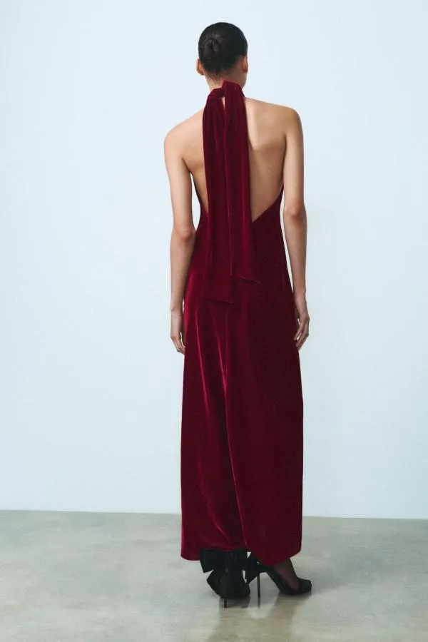 Rochie de seară Zara L | Burgundy, Maxi, Bretele după gât - Image 3