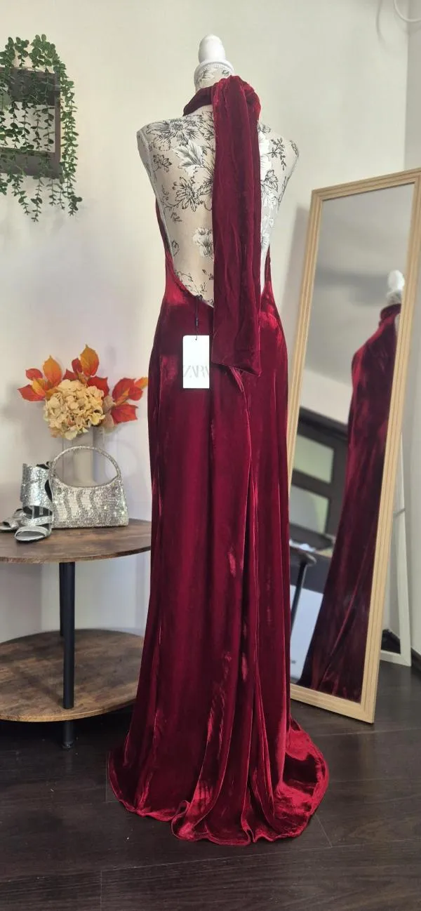 Rochie de seară Zara L | Burgundy, Maxi, Bretele după gât - Image 8