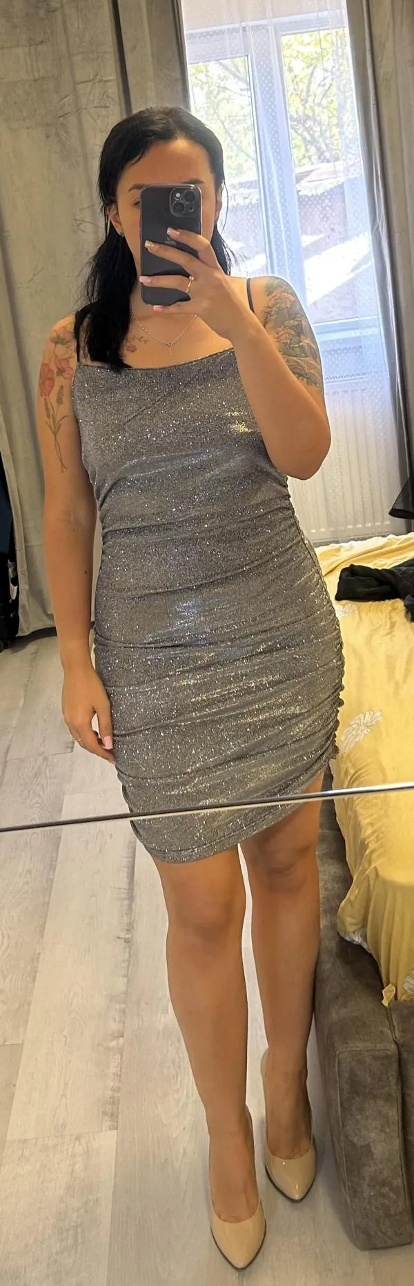 Rochie de seară New Collection EU 36 | Argintiu, Mini, Bretele subțiri, Petite, Paiete, Elastan - Image 3