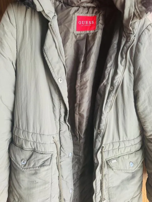 Geacă de iarnă Guess XS | Khaki, Cu glugă