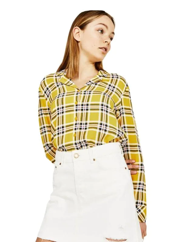 Cămașă Bershka XS | Galben, Normal, Mânecă lungă, Carouri