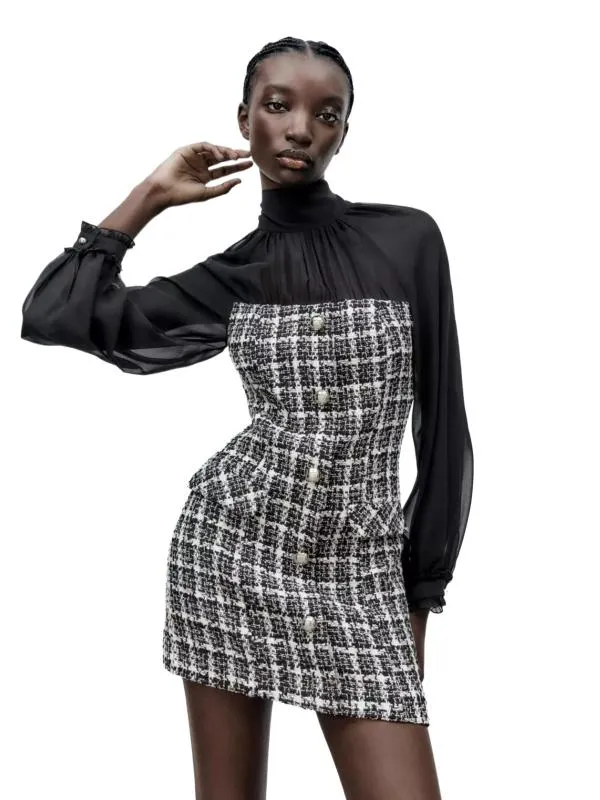 Rochie office Zara EU 38 | Negru, Mini, Carouri, Bumbac