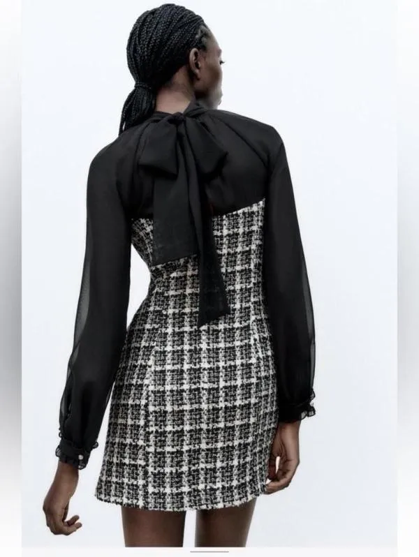 Rochie office Zara EU 38 | Negru, Mini, Carouri, Bumbac - Image 2