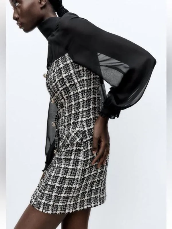 Rochie office Zara EU 38 | Negru, Mini, Carouri, Bumbac - Image 3