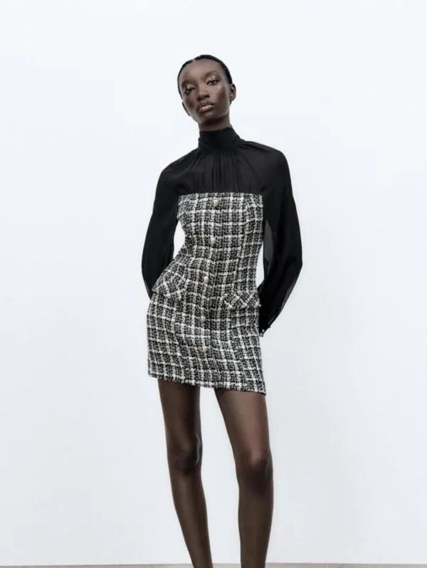 Rochie office Zara EU 38 | Negru, Mini, Carouri, Bumbac - Image 4