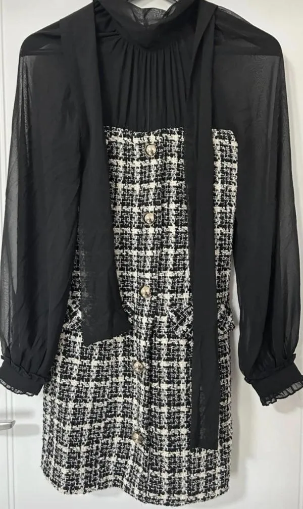 Rochie office Zara EU 38 | Negru, Mini, Carouri, Bumbac - Image 7