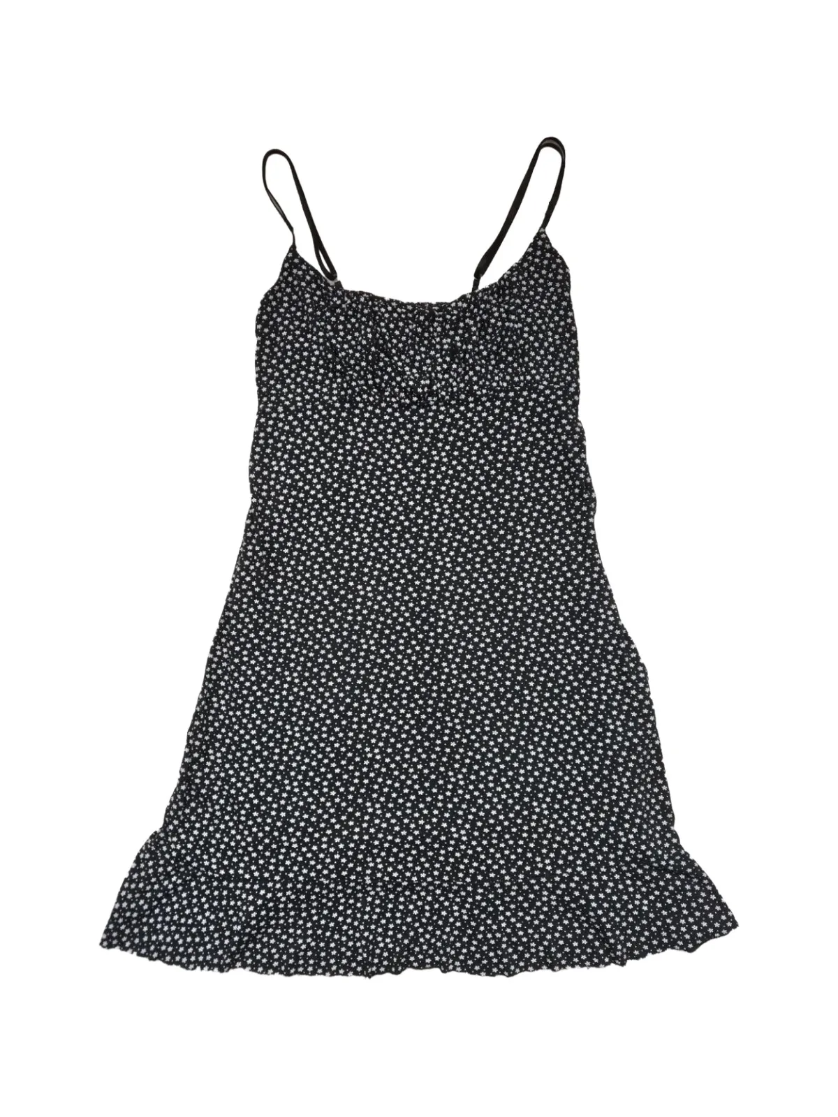 Rochie de vară S-M | Negru, Mini, Bretele subțiri, Floral & Tropical, Volane, Vâscoză