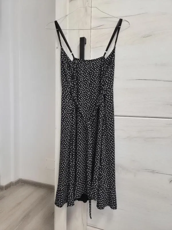 Rochie de vară S-M | Negru, Mini, Bretele subțiri, Floral & Tropical, Volane, Vâscoză - Image 5