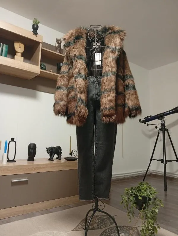 Geacă din blană NA-KD EU 34 | Maro, Fără glugă, Animal print