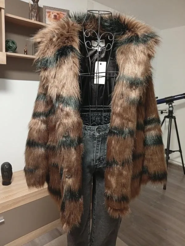 Geacă din blană NA-KD EU 34 | Maro, Fără glugă, Animal print - Image 2