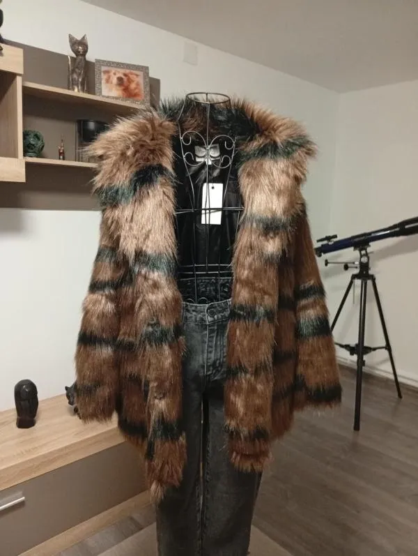 Geacă din blană NA-KD EU 34 | Maro, Fără glugă, Animal print - Image 3