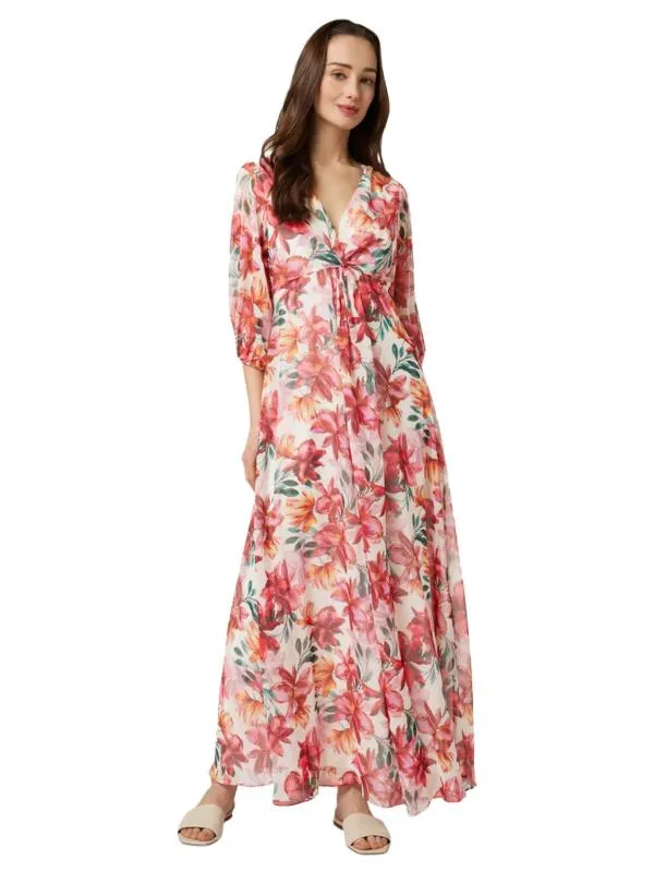 Rochie casual Kleo EU 36 | Corai, Maxi, Mânecă trei sferturi, Floral & Tropical, Pliuri, Poliester