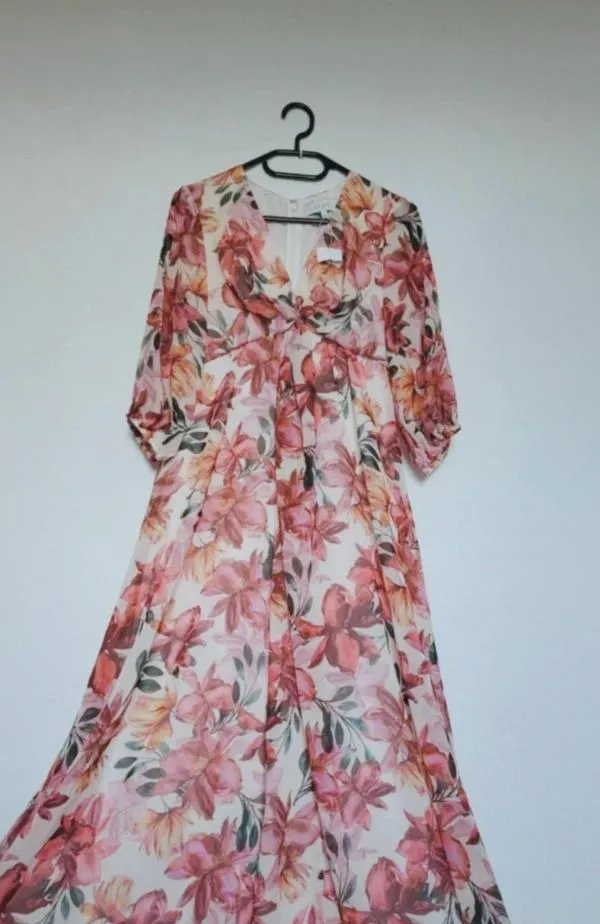 Rochie casual Kleo EU 36 | Corai, Maxi, Mânecă trei sferturi, Floral & Tropical, Pliuri, Poliester - Image 6