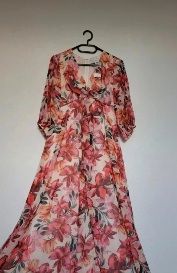 Rochie casual Kleo EU 36 | Corai, Maxi, Mânecă trei sferturi, Floral & Tropical, Pliuri, Poliester - Image 7
