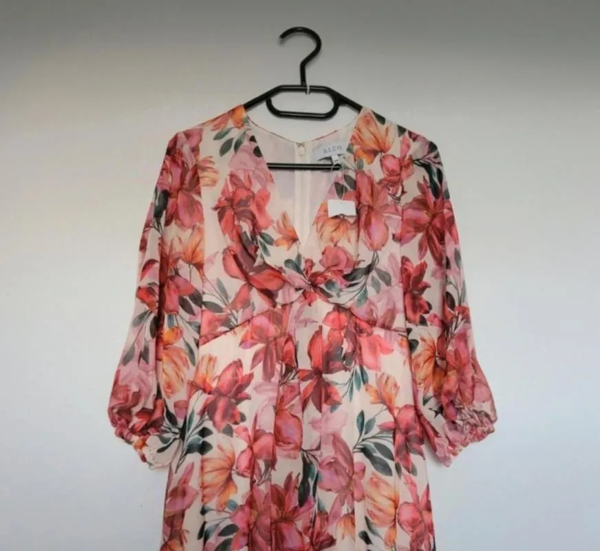 Rochie casual Kleo EU 36 | Corai, Maxi, Mânecă trei sferturi, Floral & Tropical, Pliuri, Poliester - Image 8
