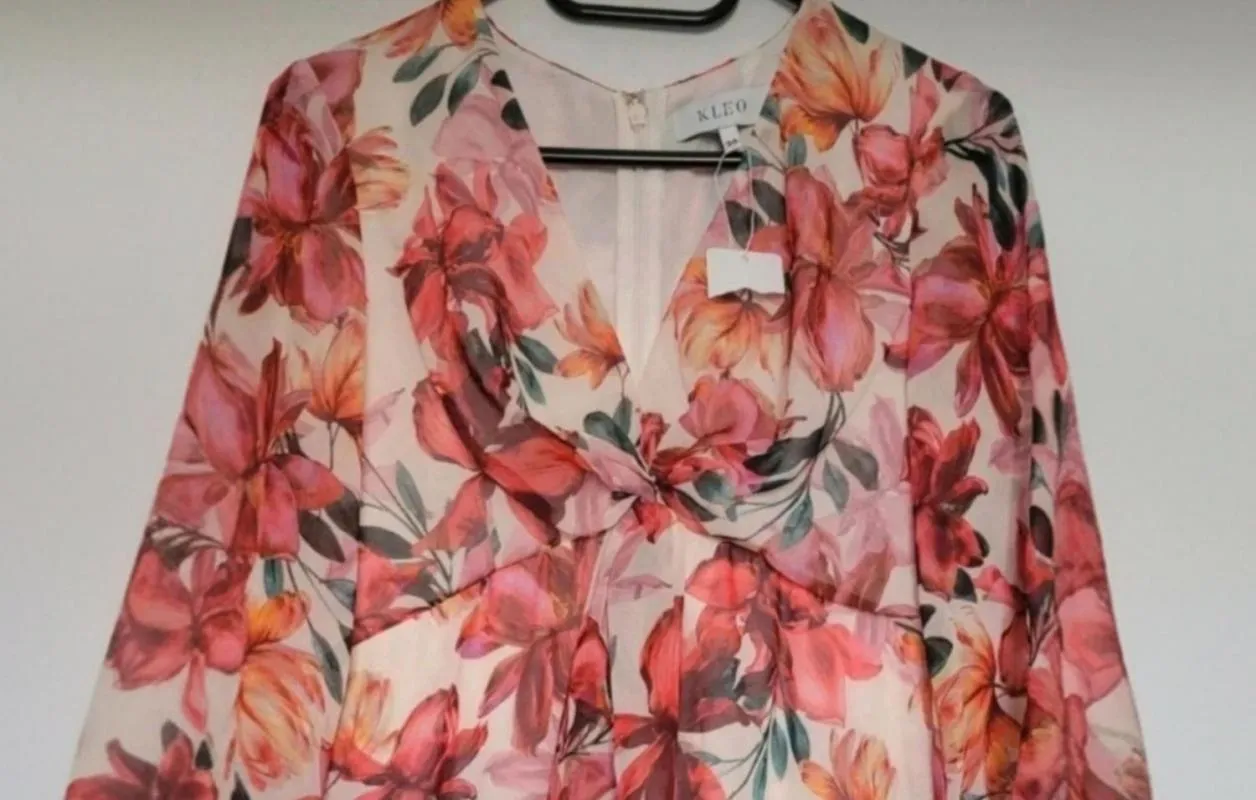 Rochie casual Kleo EU 36 | Corai, Maxi, Mânecă trei sferturi, Floral & Tropical, Pliuri, Poliester - Image 9