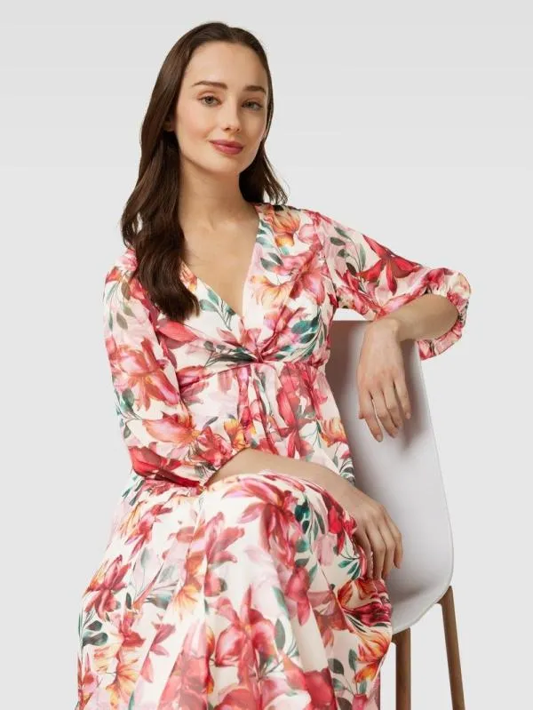 Rochie casual Kleo EU 36 | Corai, Maxi, Mânecă trei sferturi, Floral & Tropical, Pliuri, Poliester - Image 5
