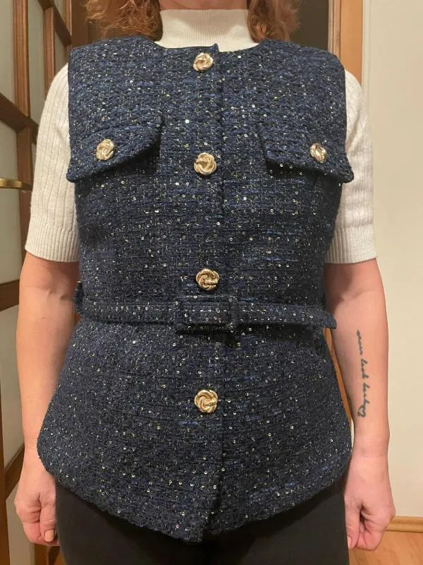 Vestă EU 34 | Bleumarin, Fără mâneci, Oriental & Paisley, Paiete, Acrilic