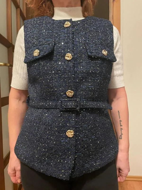 Vestă EU 34 | Bleumarin, Fără mâneci, Oriental & Paisley, Paiete, Acrilic - Image 2