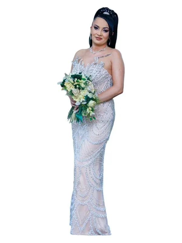 Rochie de seară EU 36 | Bej, Maxi, Cu umerii goi, Pietre decorative