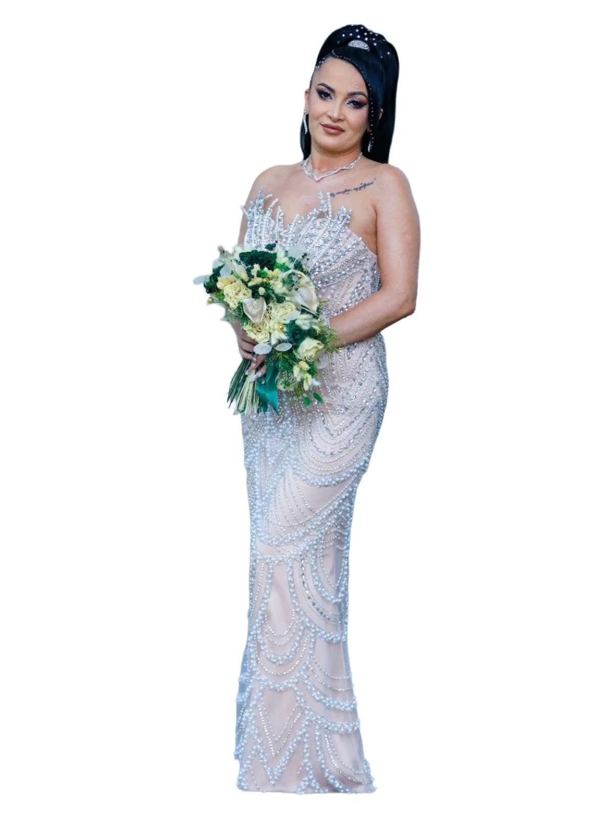 Rochie de seară EU 36 | Bej, Maxi, Cu umerii goi, Pietre decorative