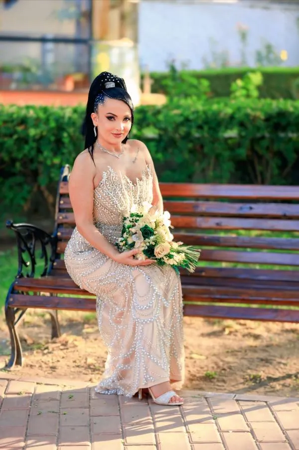 Rochie de seară EU 36 | Bej, Maxi, Cu umerii goi, Pietre decorative - Image 3