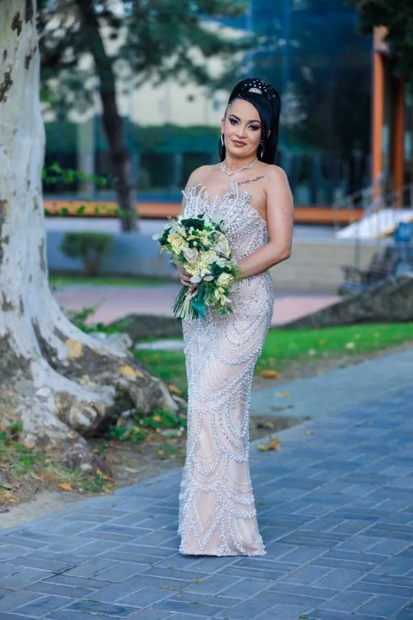 Rochie de seară EU 36 | Bej, Maxi, Cu umerii goi, Pietre decorative - Image 4