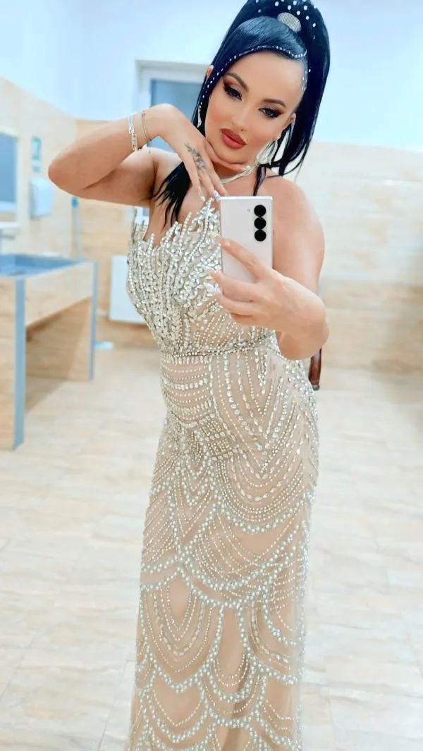 Rochie de seară EU 36 | Bej, Maxi, Cu umerii goi, Pietre decorative - Image 6