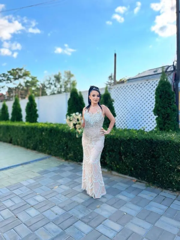 Rochie de seară EU 36 | Bej, Maxi, Cu umerii goi, Pietre decorative - Image 7