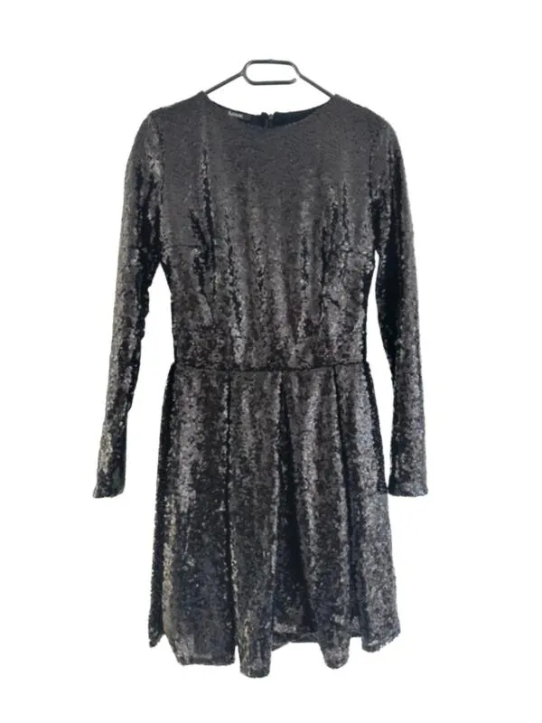 Rochie de ocazie Bogas S | Negru, Mini, Mânecă lungă, Paiete