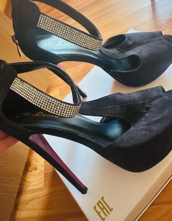 Sandale cu toc iii Lucia EU 37 | Negru, Piele întoarsă Suede - Image 2
