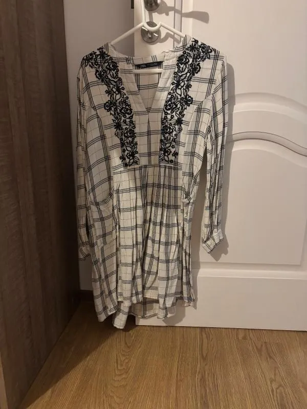 Rochie tip cămașă Zara EU 36 | Crem, Mini, Mânecă lungă, Carouri - Image 2