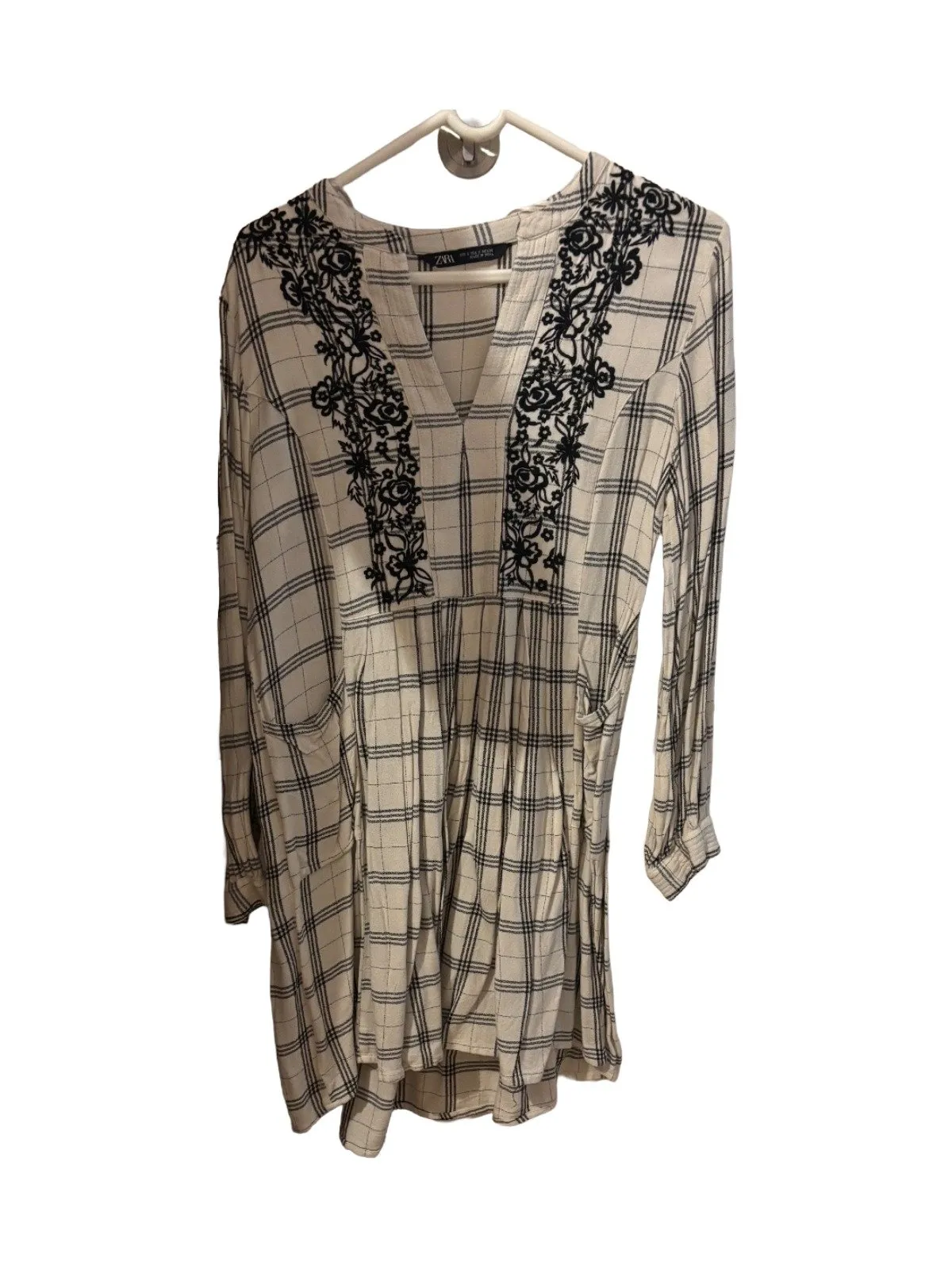 Rochie tip cămașă Zara EU 36 | Crem, Mini, Mânecă lungă, Carouri